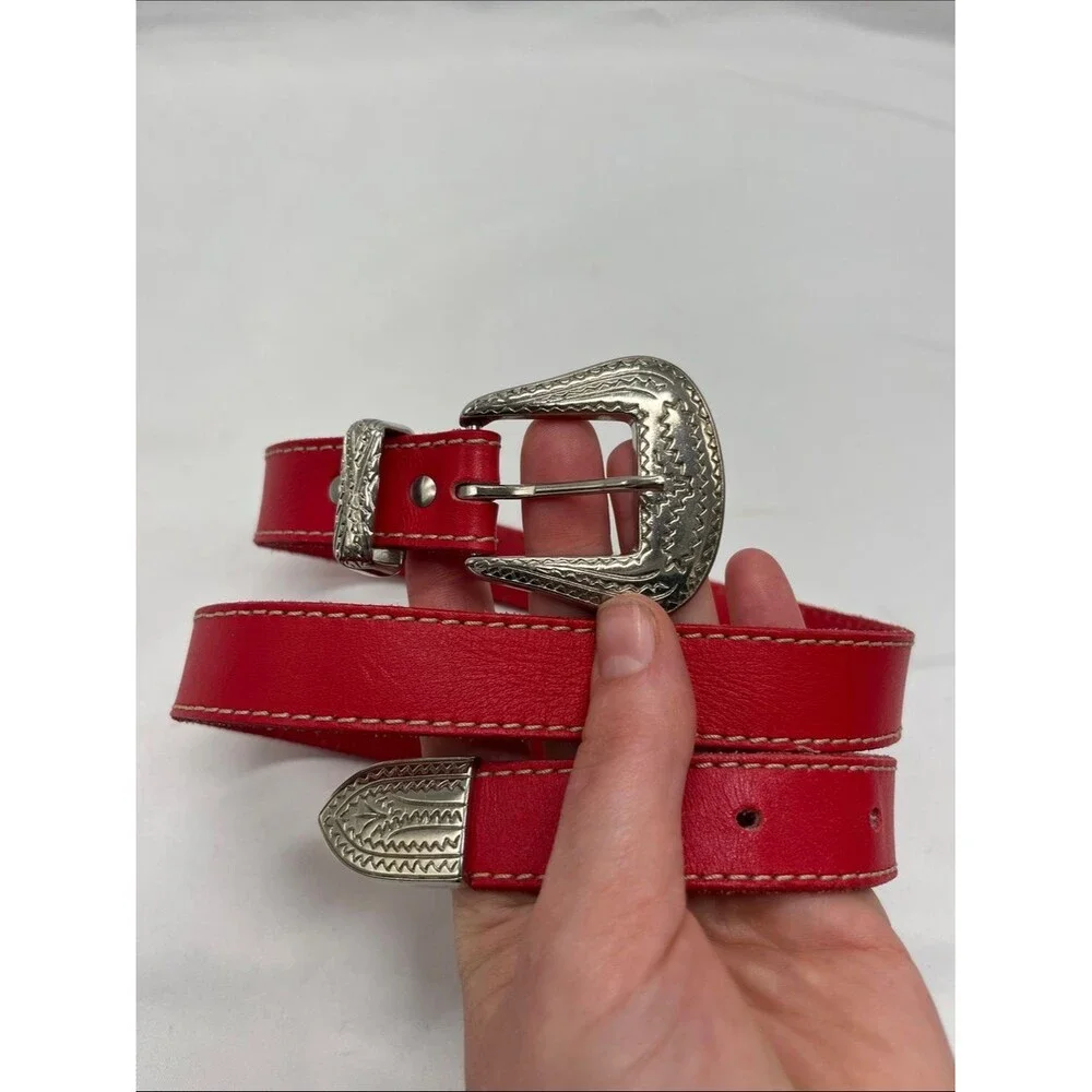 Red Genuine Leather Skinny Belt with Silver Toned Metal Buckle